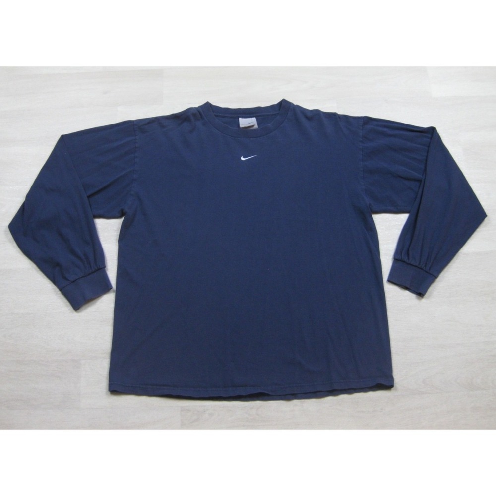 Vintage Y2K NIKE Long Sleeve T Shirt Men's (L) Center Swoosh Athletic Navy Blue